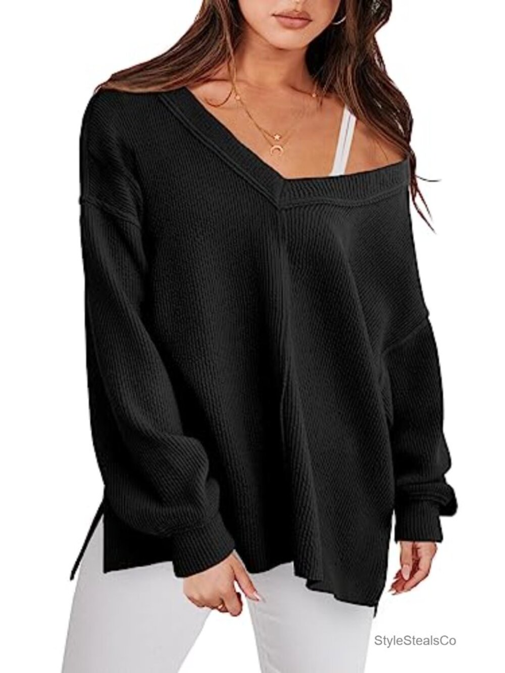 Oversized V Neck Sweatshirt Pullover with Side Slit and Drop Shoulder